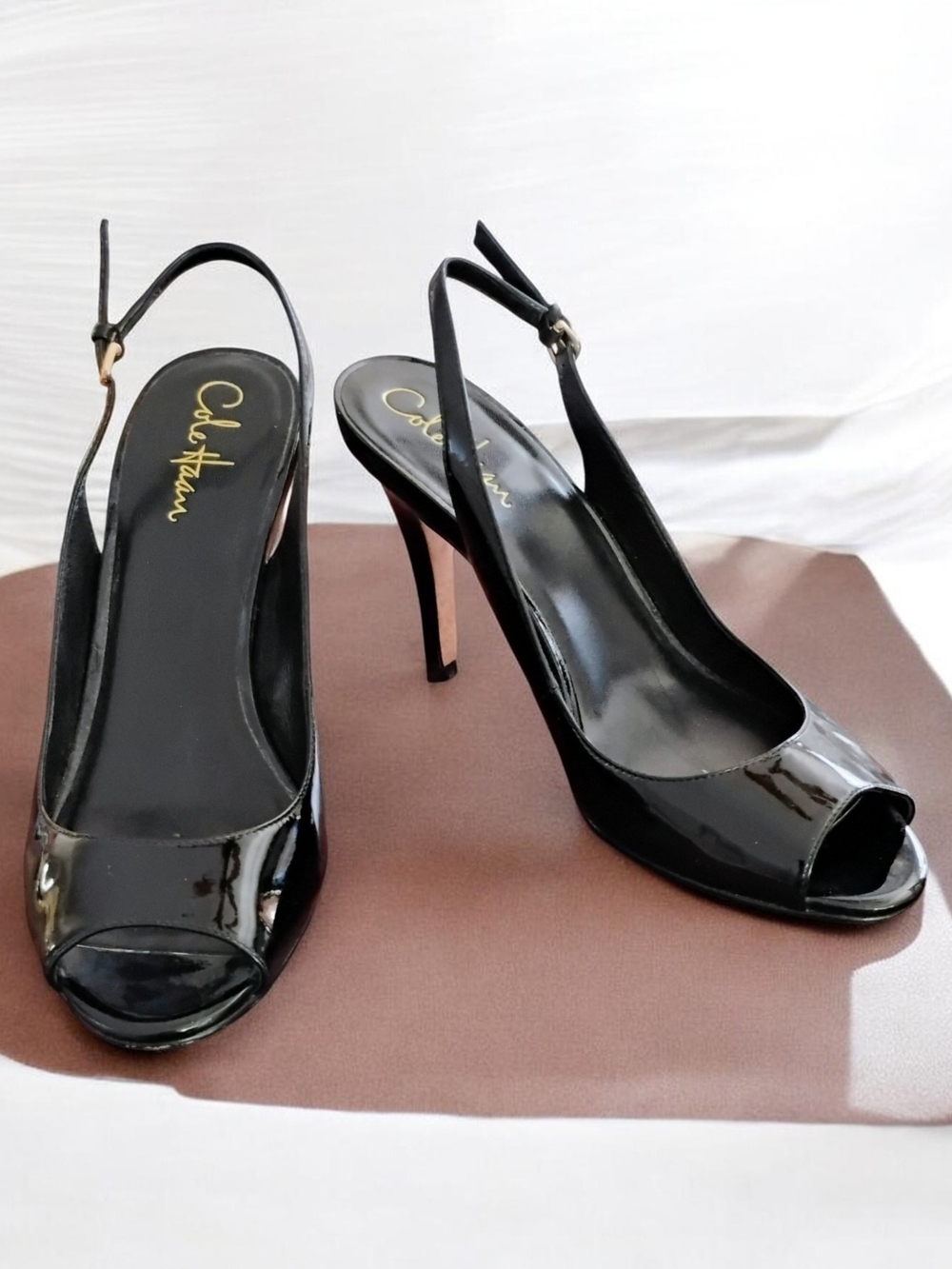 Cole Haan Nike Air Carma Black Leather Patent Slingback Open Peep Toe Heels 8.5